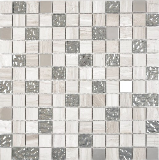 Carré Crystal/pierre/acier mix wood white Carreau de mosaïque murale Carrelage cuisine salle de bain MOS82-0108_f