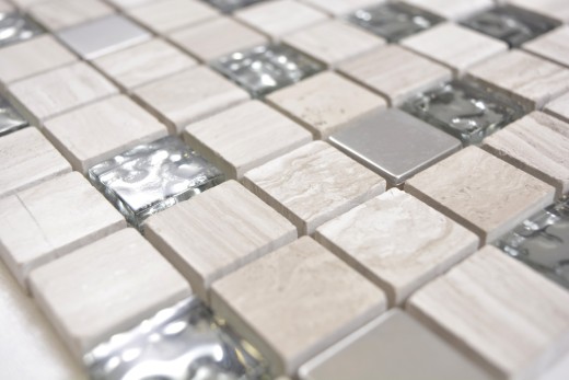Carré Crystal/pierre/acier mix wood white Carreau de mosaïque murale Carrelage cuisine salle de bain MOS82-0108_f