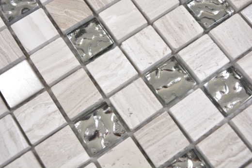Carré Crystal/pierre/acier mix wood white Carreau de mosaïque murale Carrelage cuisine salle de bain MOS82-0108_f