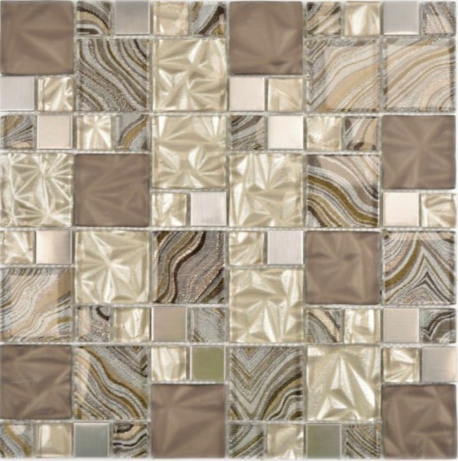 Mosaïque de verre Combinaison acier mix beige marron Carreau de mosaïque murale Carrelage cuisine salle de bain MOS88-1207_f