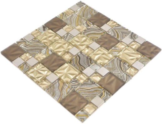 Mosaïque de verre Combinaison acier mix beige marron Carreau de mosaïque murale Carrelage cuisine salle de bain MOS88-1207_f