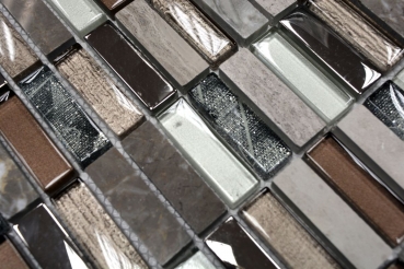 Lames Rectangle Carreaux Mosaïque de verre Bâtons brun clair argent gris Pierre naturelle Marbre Carrelage Cuisine Mur - MOS87-SM68_f | 10 Tapis de mosaïque