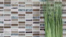 Lames Rectangle Carreaux Mosaïque de verre Bâtons brun clair argent gris Pierre naturelle Marbre Carrelage Cuisine Mur - MOS87-SM68_f | 10 Tapis de mosaïque