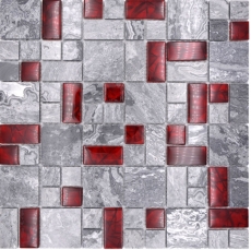 Motif main pierre naturelle mosaïque de verre gris avec rouge brillant mur sol cuisine salle de bain douche - MOS88-0409_m