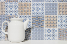 Retro Vintage Mosaïque Fond de cuisine blanc bleu orange gris Patchwork - MOS22B-1404