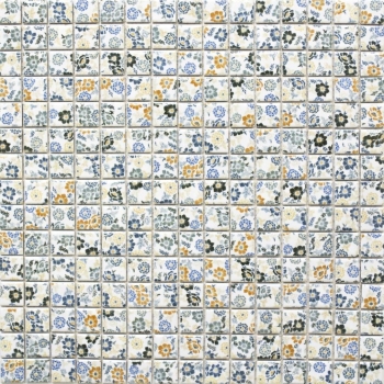 Motif main Carreau mosaïque rétro vintage céramique blanche multicolore fleurs MOS18C-1401_m