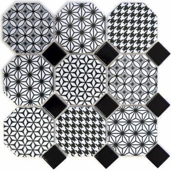 Carreaux de mosaïque Céramique Octagon MISTO blanc brillant noir Mur de mosaïque fond de cuisine MOSOcta-0301_f | 10 Tapis de mosaïque