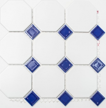 Motif main Carreau de mosaïque Céramique Octagonal blanc mat bleu cobalt brillant Mosaïque murale fond de cuisine MOSOcta-180_m