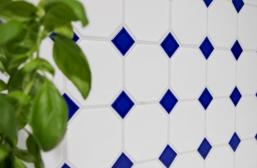 Motif main Carreau de mosaïque Céramique Octagonal blanc mat bleu cobalt brillant Mosaïque murale fond de cuisine MOSOcta-180_m
