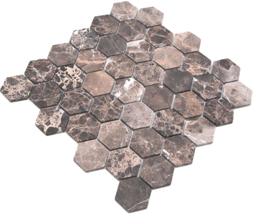 Marbre Mosaïque Carreau pierre naturelle Hexagon Impala brun foncé mix flammé douche mur Bode - MOS42-1313