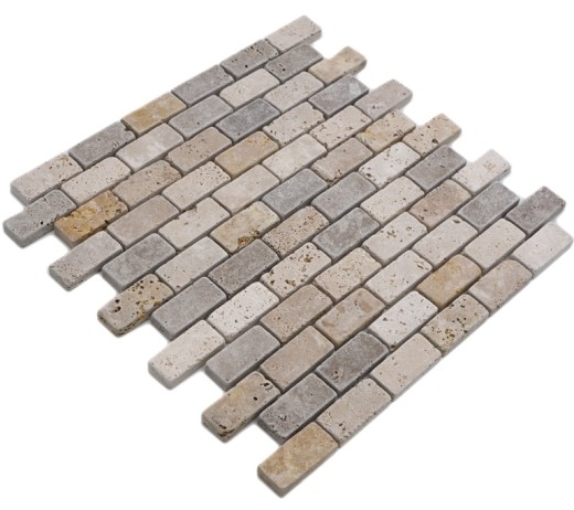 Travertin Carreaux mosaïque terrasse mur sol pierre naturelle beige brun doré Brick aspect brique carrelage mural carreau cuisine - MOS43-46474