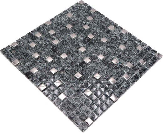 Mosaïque de verre Carreau de mosaïque noir argenté Acier inoxydable Bris de verre Miroir de protection contre les éclaboussures Dos de cuisine - MOS92-1099