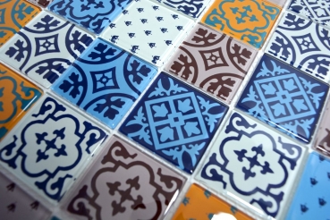 Motif à main Retro Vintage Carreau de mosaïque Translucide blanc bleu orange gris Mosaïque de verre Crystal Optik MOS68-4OP12_m