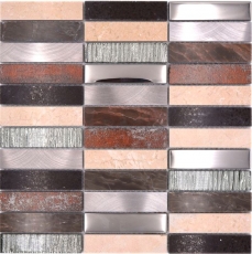 Plaquette Rectangle Carreaux Mosaïque de verre Aluminium Pierre naturelle beige marron argent noir Carreaux muraux WC - MOS87-48X