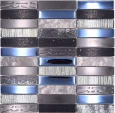 Plaquette Rectangle Mosaïque de verre Composite Acier inoxydable argenté gris bleu noir Revêtement mural cuisine - MOS87-58X