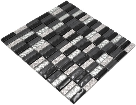 Plaquette Rectangle Carreaux Mosaïque Verre Bâtons Résine Pierre artificielle gris noir argent Dos cuisine salle de bain mur WC - MOS87-03108