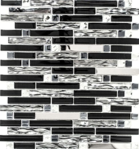 Mosaïque de verre Bâtonnets Carreaux de mosaïque Acier inoxydable noir argenté MOS86-0302