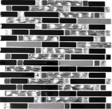 Mosaïque de verre Bâtonnets acier inoxydable argenté noir Carrelage mural cuisine MOS67-GV478