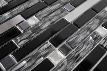 Mosaïque de verre Bâtonnets acier inoxydable argenté noir Carrelage mural cuisine MOS67-GV478