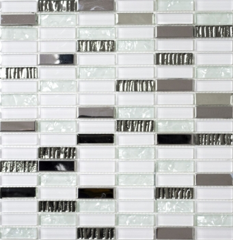 Échantillon manuel Carreau de mosaïque translucide acier inoxydable blanc baguettes Mosaïque de verre Crystal acier blanc verre MOS87-0102_m