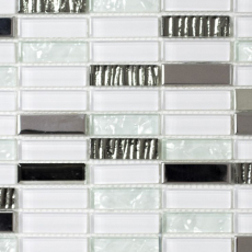 Échantillon manuel Carreau de mosaïque translucide acier inoxydable blanc baguettes Mosaïque de verre Crystal acier blanc verre MOS87-0102_m
