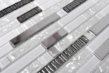 Mosaïque de verre Bâtonnets acier inoxydable argenté blanc Carrelage mural de cuisine MOS67-GV498