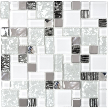 Carreau de mosaïque translucide acier inoxydable blanc combinaison de mosaïque de verre Crystal acier blanc verre MOS88-01699_f | 10 tapis de mosaïque
