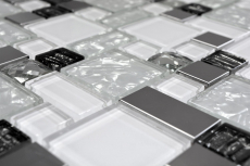 Carreau de mosaïque translucide acier inoxydable blanc combinaison de mosaïque de verre Crystal acier blanc verre MOS88-01699_f | 10 tapis de mosaïque