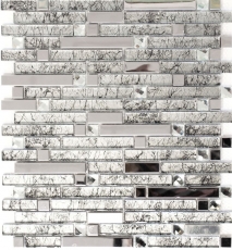 Mosaïque de verre bâtonnets Carreaux de mosaïque acier inoxydable blanc cream argent MOS86-0106