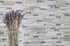 Mosaïque de verre Pierre naturelle Bâtons Carreau de mosaïque Acier inoxydable Argenté Beige clair Gris blanc Revêtement mural Cuisine - MOS86-0108