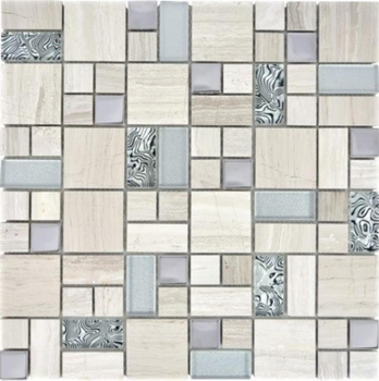 Pierre naturelle Mosaïque de verre Marbre Carreaux de mosaïque Acier inoxydable gris savon gris clair argenté clair Carrelage mural - MOS88-0202
