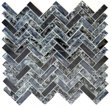 Motif main Carreau de mosaïque Translucide noir Chevron Mosaïque de verre Crystal Pierre noire MOS87HB-0328_m