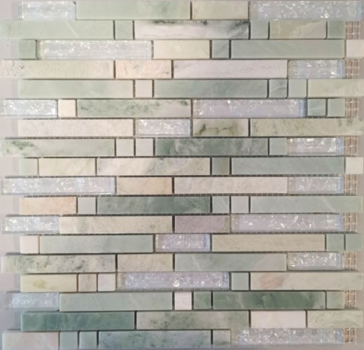 Mosaïque de verre Pierre naturelle en bâtonnets Carreaux de mosaïque blanc crème nuancé de vert avec reflets Parement mural cuisine salle de bain WC - MOS87-MV738