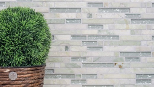 Mosaïque de verre Pierre naturelle en bâtonnets Carreaux de mosaïque blanc crème nuancé de vert avec reflets Parement mural cuisine salle de bain WC - MOS87-MV738