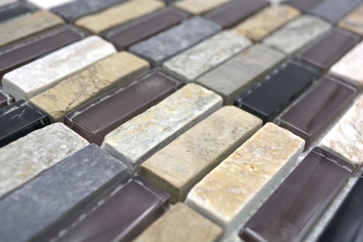 Plaquette Rectangle Carreaux Mosaïque de verre Bâtons beige marron gris noir Pierre naturelle Carrelage mur salle de bain cuisine - MOS87-1313