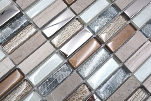 Plaquette Rectangle Carreaux Mosaïque de verre Bâtons brun clair argent gris Pierre naturelle Marbre Carrelage cuisine mur - MOS87-SM68