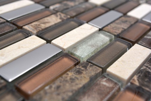 Plaquette Rectangle Carreaux Mosaïque de verre Bâtons brun argenté beige Pierre naturelle Marbre Carrelage mur Salle de bain Cuisine - MOS87-SM78