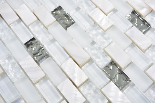Mosaïque baguettes composite pierre naturelle carreau de mosaïque blanc argent Brick mosaïque de verre structure coquillage fond de cuisine salle de bain WC - MOS87-B01S
