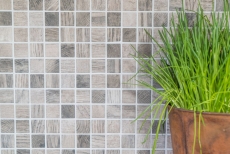 Mosaïque de verre Revêtement mural durable Recyclage Structure bois gris beige Carrelage MOS63-324