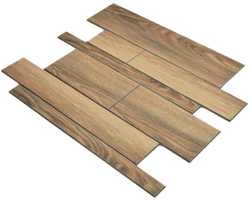 panneaux muraux autocollants aspect bois brun dosseret de cuisine carrelage