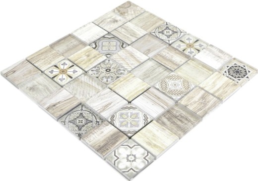 Carreau mosaïque Patchwork crème marron Carreau mosaïque mural Carreau imitation bois salle de bain MOS160-w100