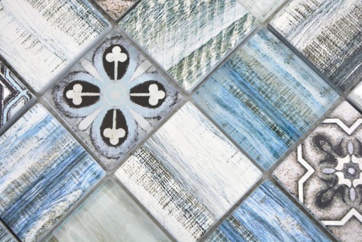 Carreau mosaïque Patchwork mix bleu clair azzurro Carreau mosaïque mural imitation bois Dos de cuisine MOS160-w300