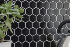 Motif manuel Carreau de mosaïque Céramique Hexagone noir brillant Dos de douche Miroir de carrelage MOS11B-0302_m