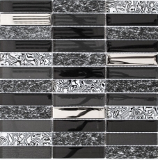 Motif manuel Carreau de mosaïque Translucide argenté gris noir Rectangle Mosaïque de verre Crystal Pierre noire MOS87-88X_m
