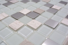 échantillon manuel carreau de mosaïque autocollant pierre translucide acier inoxydable blanc mosaïque de verre Crystal pierre acier blanc verre MOS200-4CM32_m