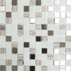 échantillon manuel carreau de mosaïque autocollant pierre translucide acier inoxydable blanc mosaïque de verre Crystal pierre acier blanc verre MOS200-4CM32_m