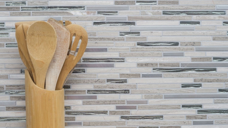 Carreau de mosaïque Translucide inox blanc Bois composite Mosaïque de verre Crystal pierre acier wood white MOS86-SV85_f
