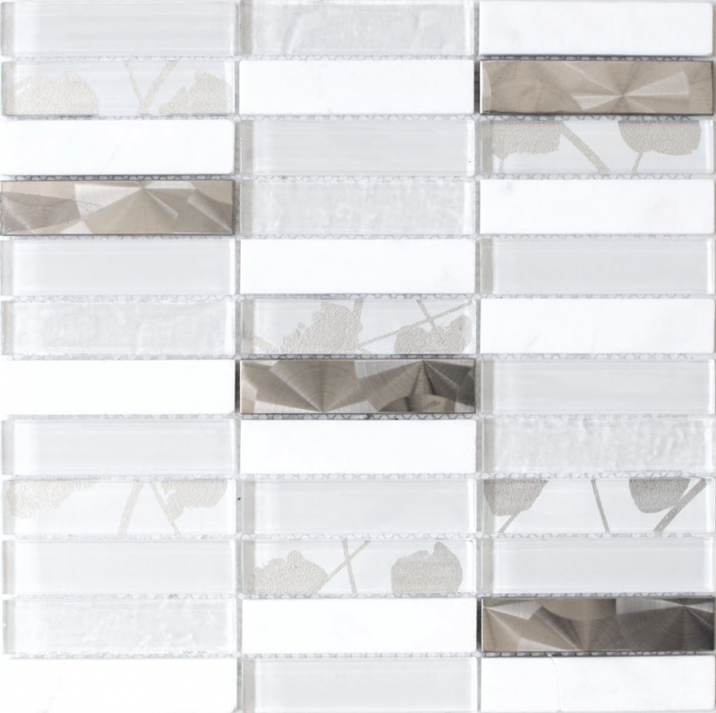 Carreau de mosaïque Translucide acier inoxydable blanc Rectangle Mosaïque de verre Crystal Pierre acier blanc MOS87-11X_f