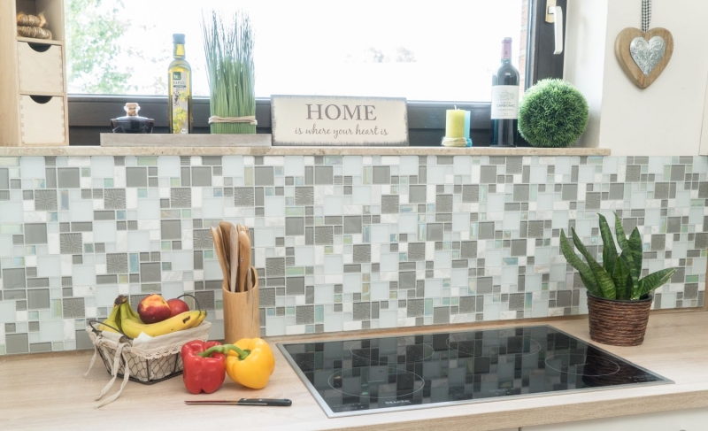 Carreau de mosaïque fond de cuisine translucide blanc gris combinaison mosaïque de verre Crystal pierre blanc gris blanc mat MOS88-MC659_f