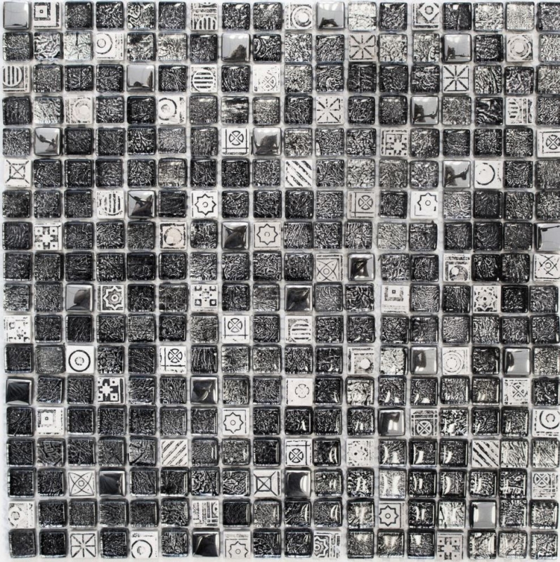 Carreau de mosaïque fond de cuisine translucide blanc argent noir Mosaïque de verre Crystal pierre blanc argent noir structure MOS92-Z02EU_f